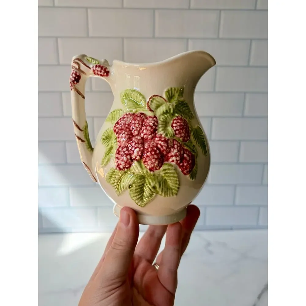 Vintage 1970s Ceramic Raspberry Pitcher | Majolica Style Fruit Design